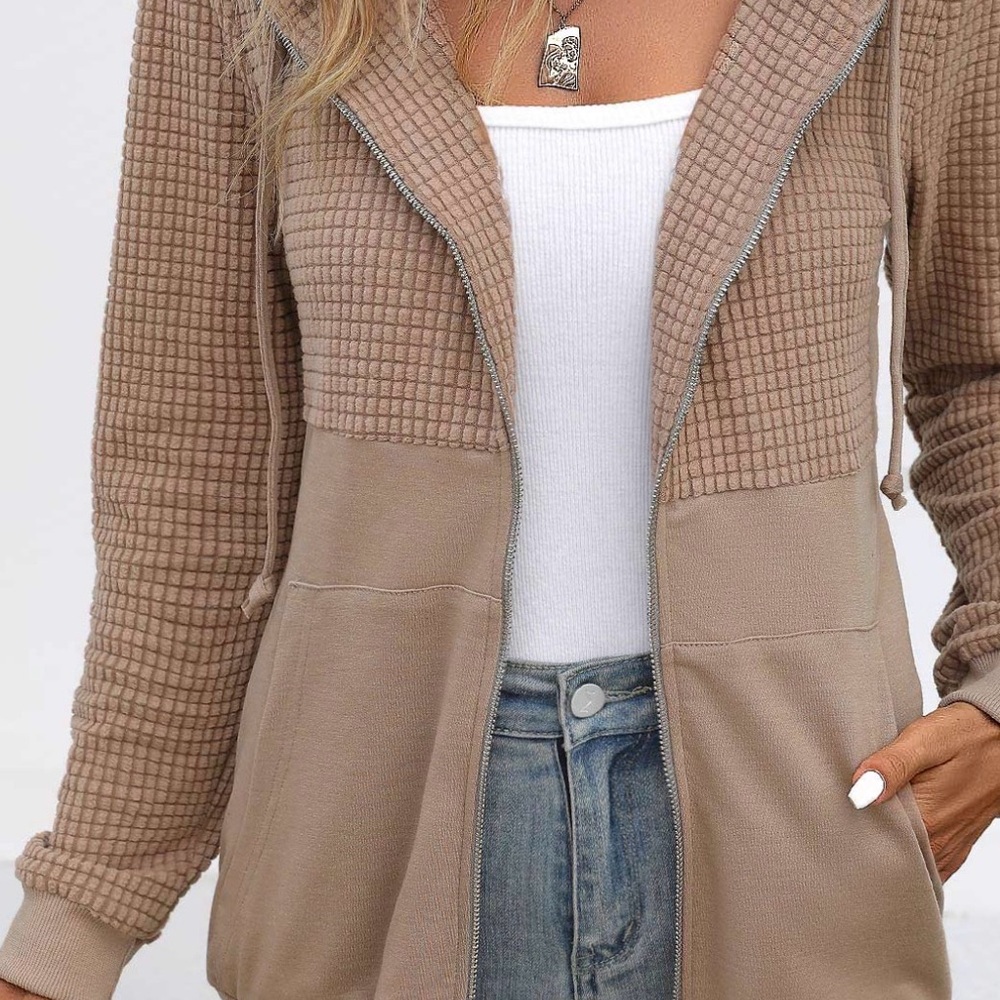 Kangaroo Pocket Light Coffee Color Long Sleeve Zip Front Hoodie, 1X